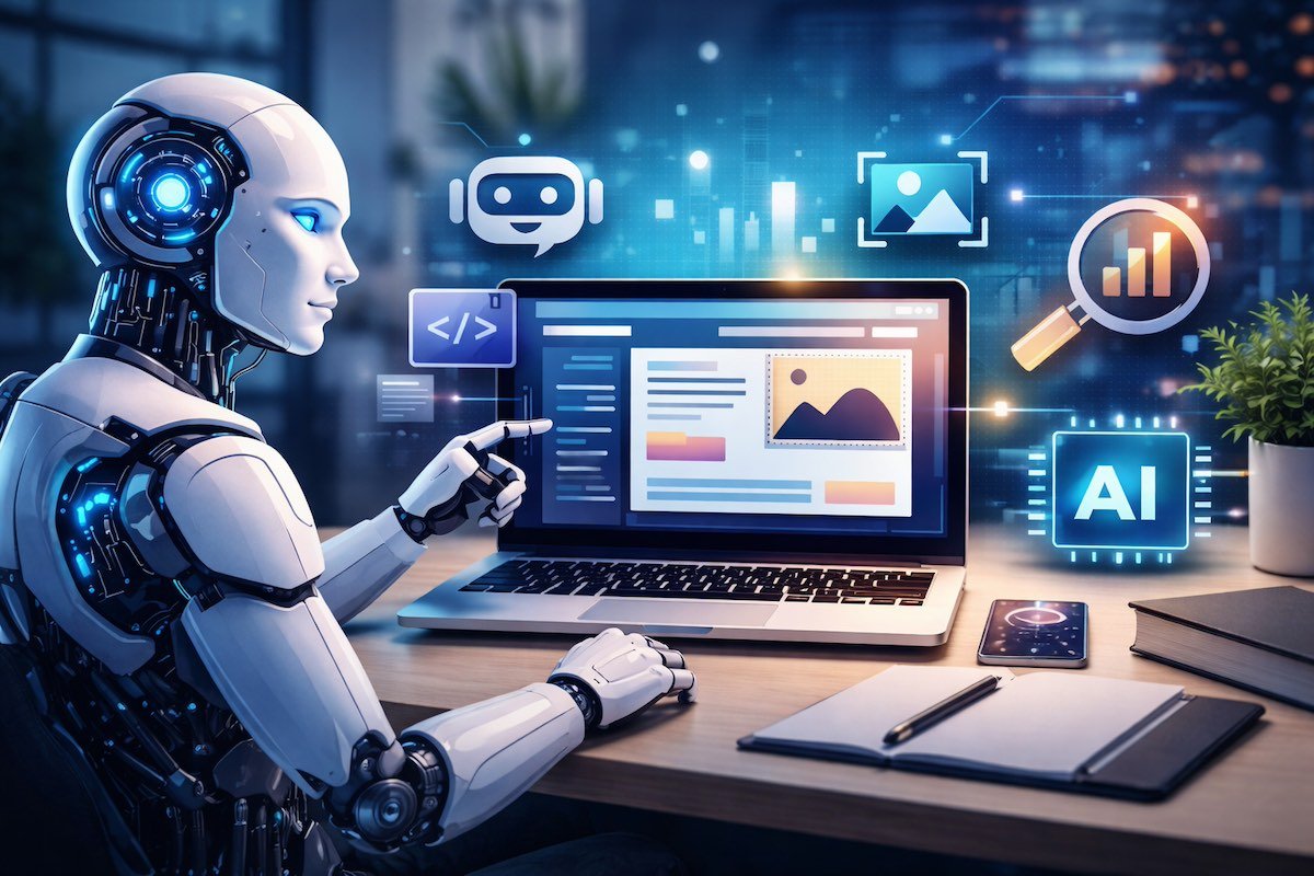 humanky sentado con una computadora editando con inteligencia artificial