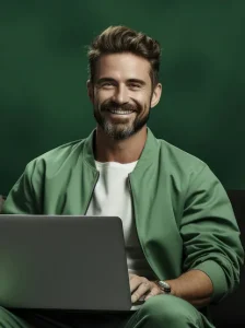 hombre con una macbook sin marca